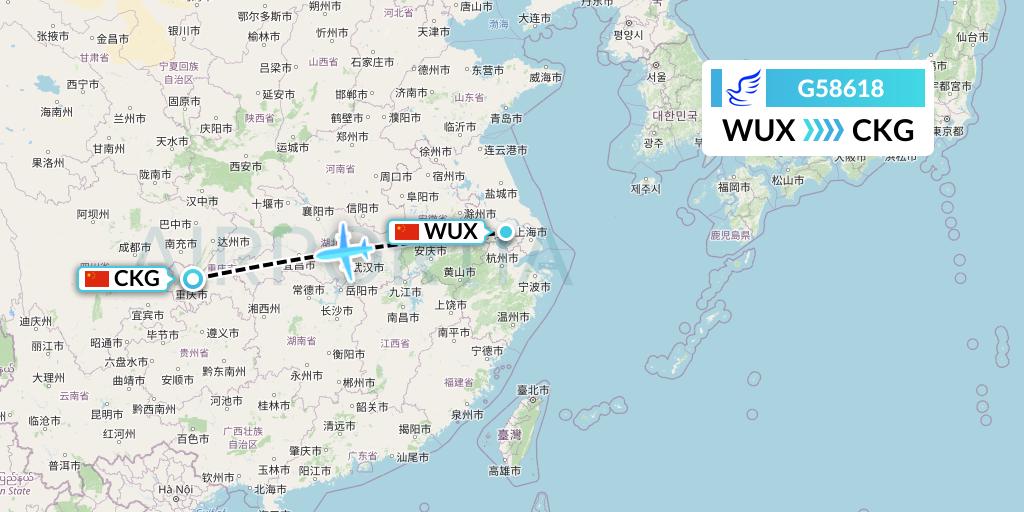 G58618 China Express Airlines Flight Map: Wuxi to Chongqing