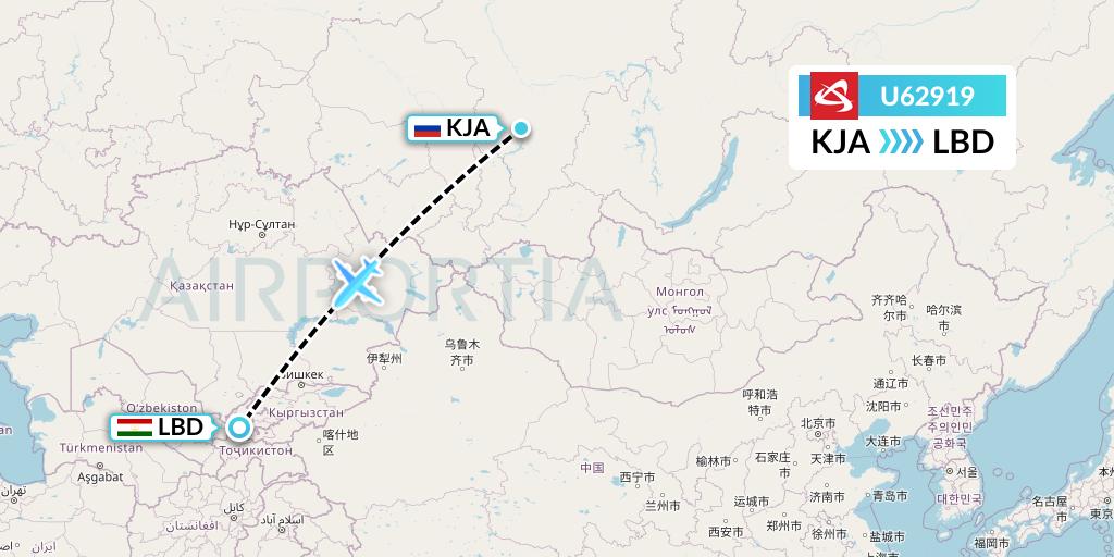 U62919 Ural Airlines Flight Map: Krasnoyarsk to Khudzhand