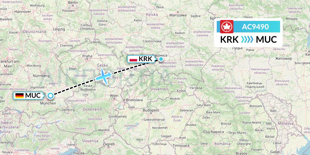 AC9490 Air Canada Flight Map: Krakow to Munich