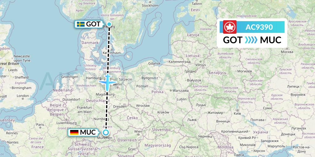AC9390 Air Canada Flight Map: Gothenburg to Munich
