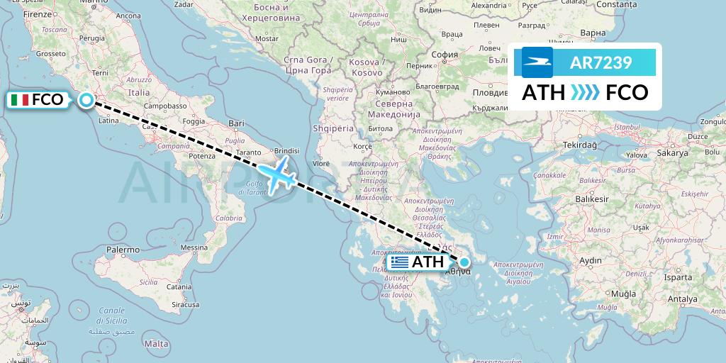 AR7239 Aerolineas Argentinas Flight Map: Athens to Rome