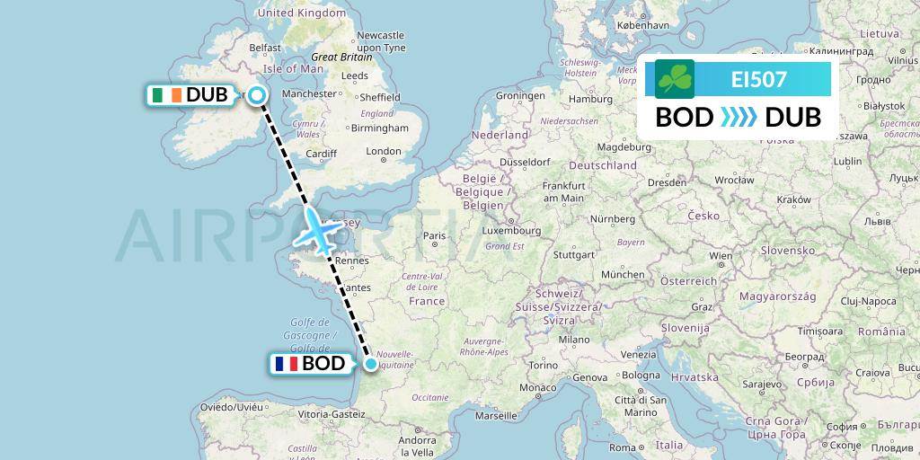 EI507 Aer Lingus Flight Map: Bordeaux to Dublin