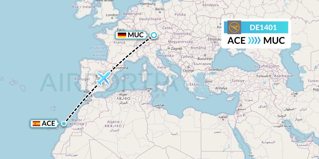 DE1401 Condor Flight Map: Lanzarote to Munich