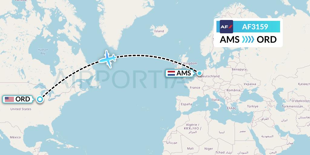 AF3159 Air France Flight Map: Amsterdam to Chicago
