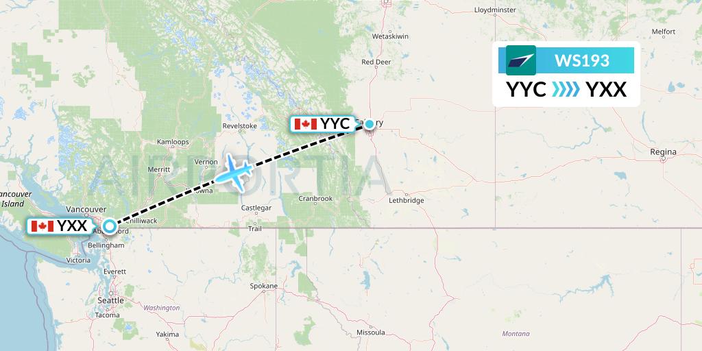 WS193 WestJet Flight Map: Calgary to Abbotsford