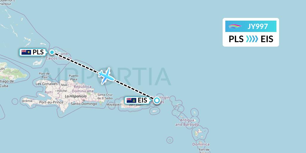 JY997 InterCaribbean Airways Flight Map: Providenciales to Beef Island