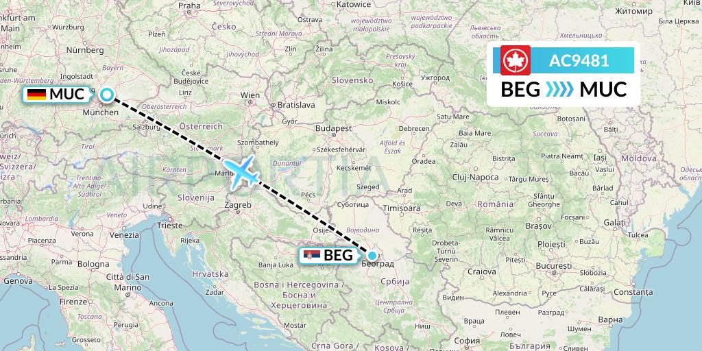 AC9481 Air Canada Flight Map: Belgrade to Munich