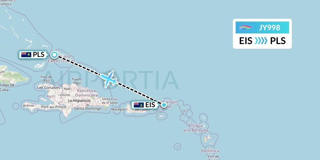 JY998 InterCaribbean Airways Flight Map: Beef Island to Providenciales
