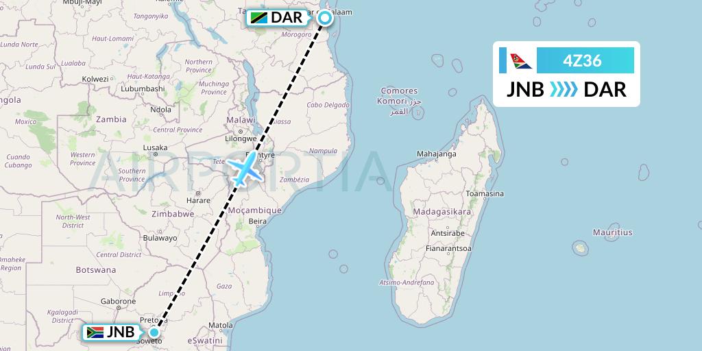 4Z36 Airlink Flight Map: Johannesburg to Dar-es-Salaam