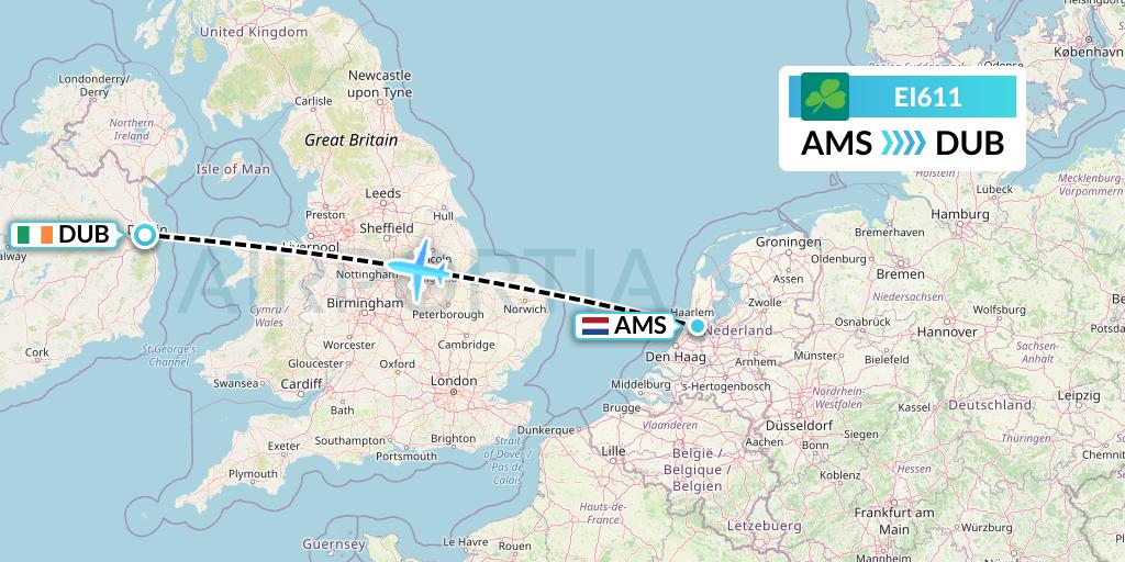 EI611 Aer Lingus Flight Map: Amsterdam to Dublin
