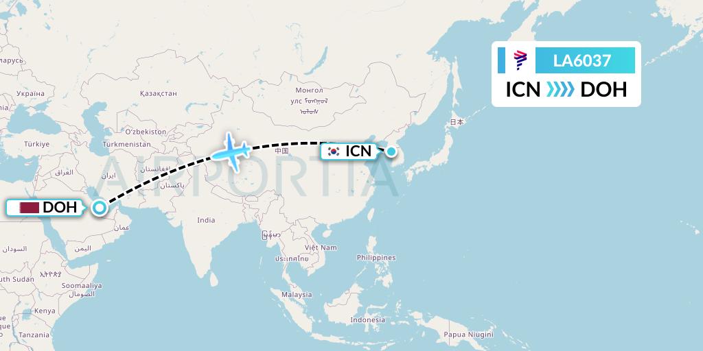 LA6037 LAN Airlines Flight Map: Seoul to Doha