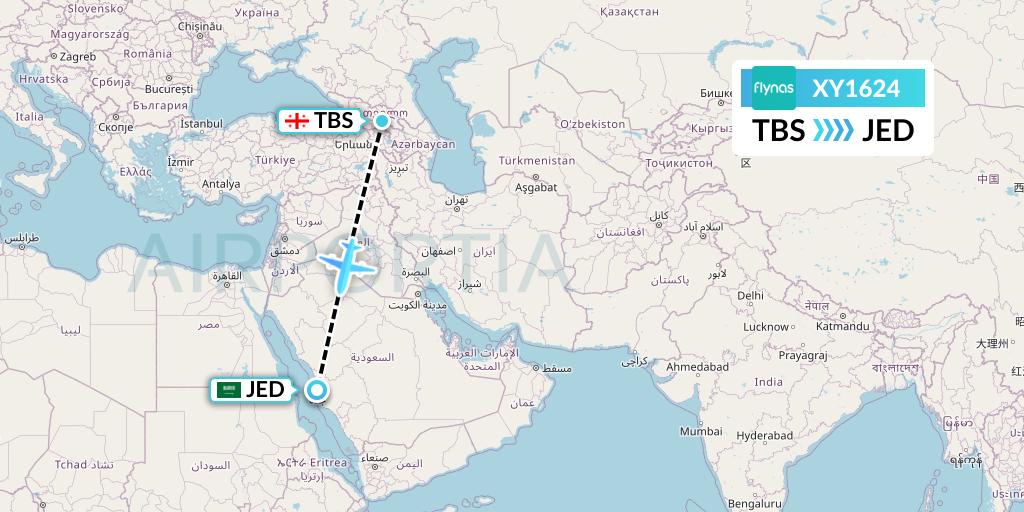 XY1624 Flynas Flight Map: Tbilisi to Jeddah