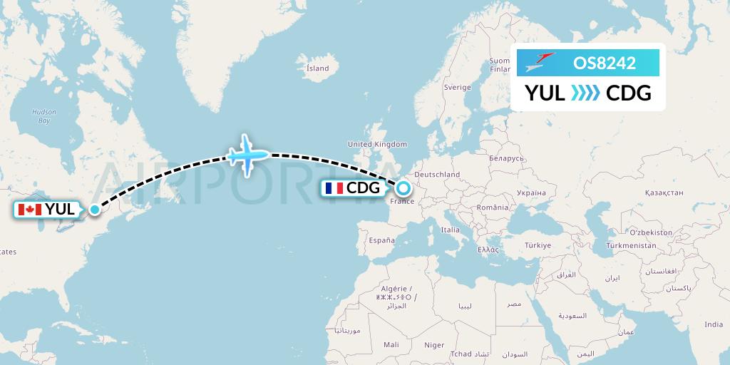 OS8242 Austrian Airlines Flight Map: Montreal to Paris