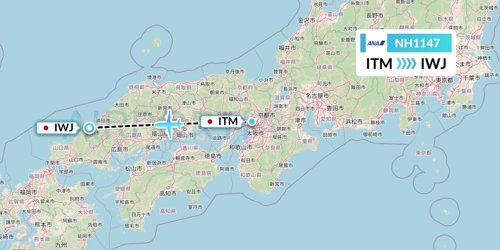 NH1147 All Nippon Airways Flight Map: Osaka to Masuda