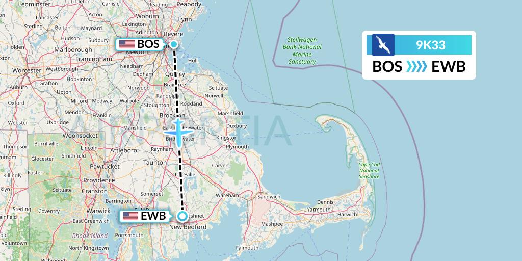 9K33 Cape Air Flight Map: Boston to New Bedford