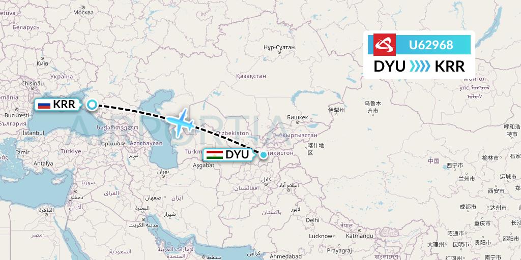 U62968 Ural Airlines Flight Map: Dushanbe to Krasnodar