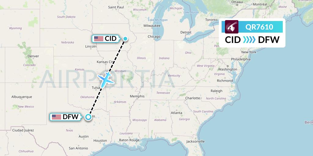 QR7610 Qatar Airways Flight Map: Cedar Rapids to Dallas