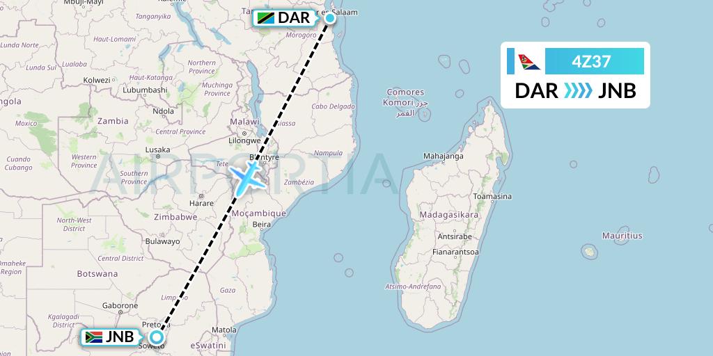 4Z37 Airlink Flight Map: Dar-es-Salaam to Johannesburg