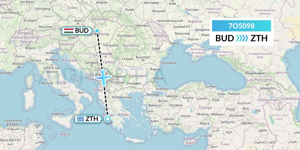 7O5098 Travel Service Hungary Flight Map: Budapest to Zakynthos