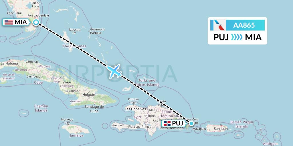 AA865 American Airlines Flight Map: Punta Cana to Miami
