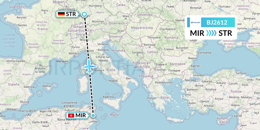 BJ2612 Nouvelair Tunisie Flight Map: Monastir to Stuttgart