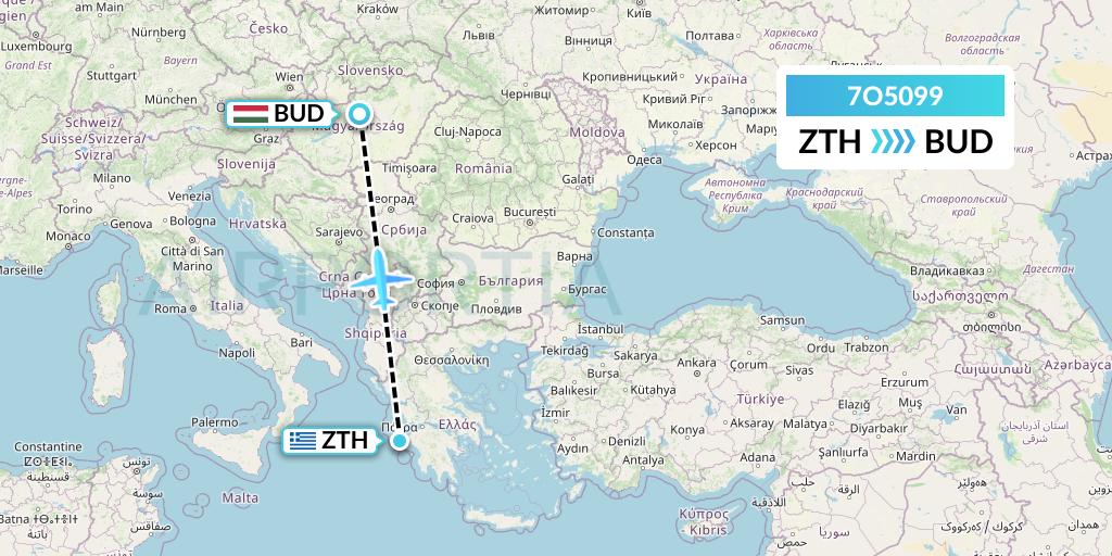 7O5099 Travel Service Hungary Flight Map: Zakynthos to Budapest