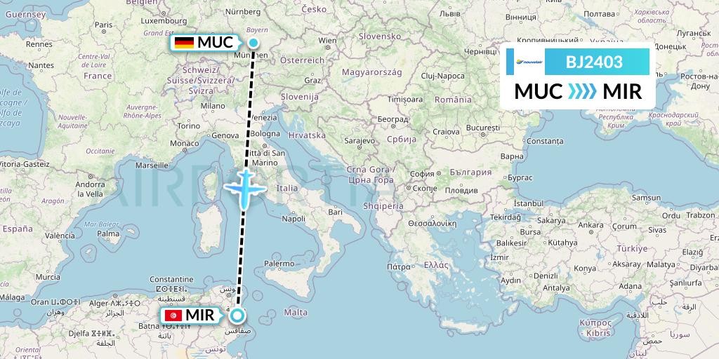 BJ2403 Nouvelair Tunisie Flight Map: Munich to Monastir