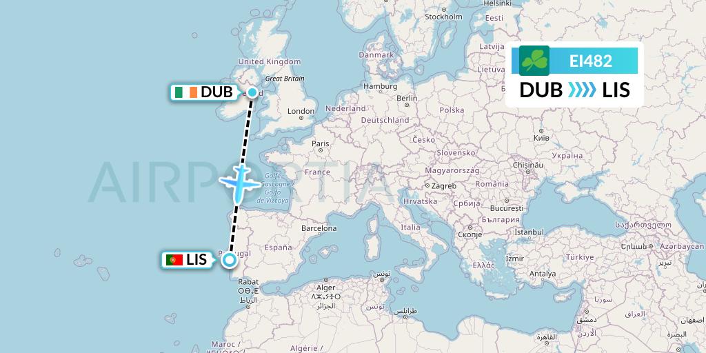 EI482 Aer Lingus Flight Map: Dublin to Lisbon