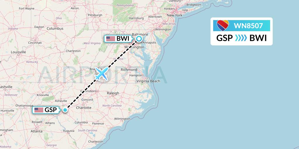 WN8507 Southwest Airlines Flight Map: Greenville-Spartanburg to Baltimore