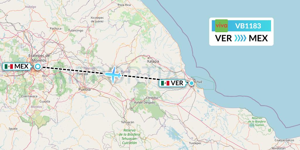 VB1183 VivaAerobus Flight Map: Veracruz to Mexico City