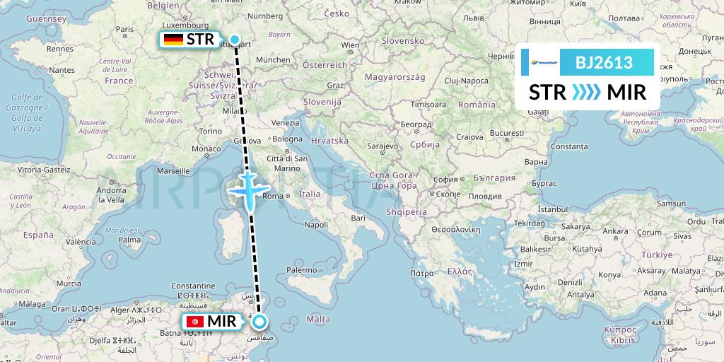 BJ2613 Nouvelair Tunisie Flight Map: Stuttgart to Monastir