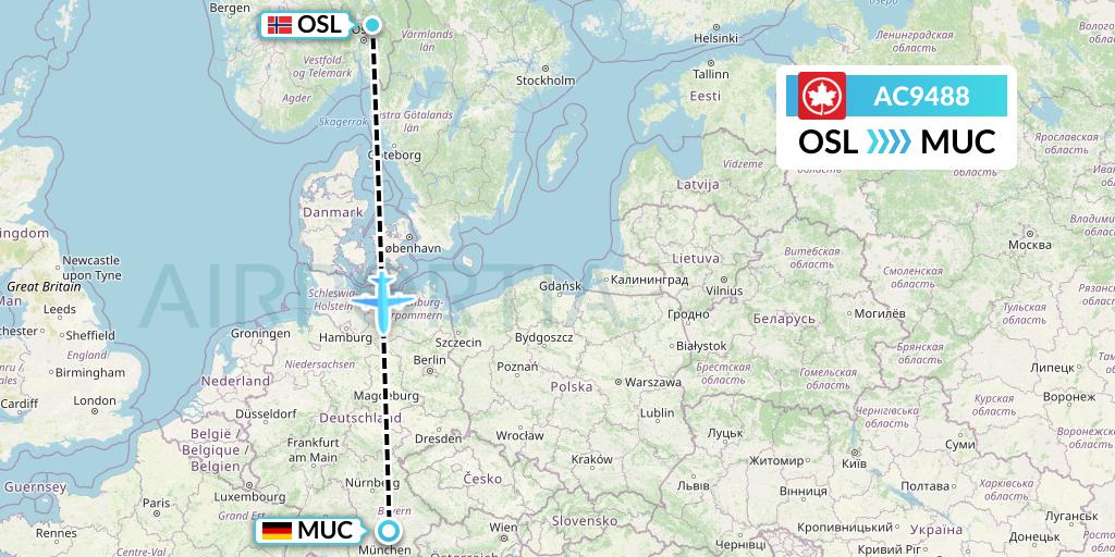 AC9488 Air Canada Flight Map: Oslo to Munich