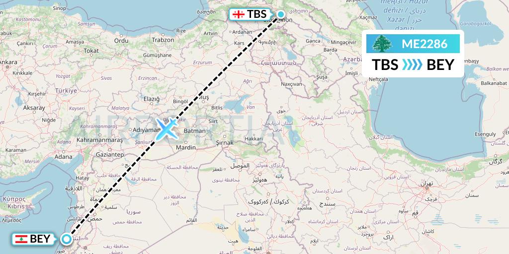 ME2286 MEA Flight Map: Tbilisi to Beirut