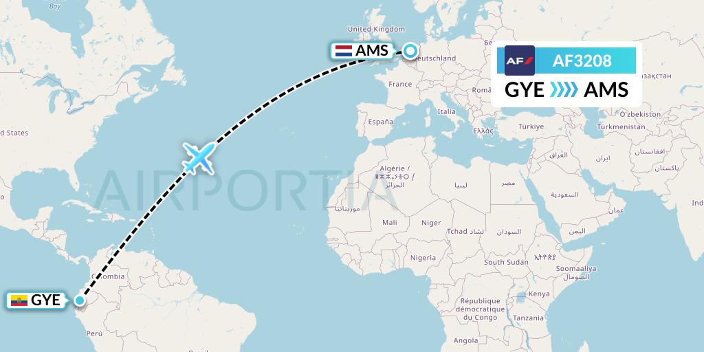 AF3208 Air France Flight Map: Guayaquil to Amsterdam