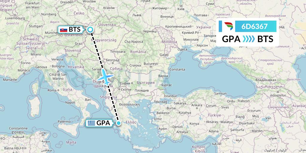 6D6367 Travel Service Slovakia Flight Map: Patras to Bratislava
