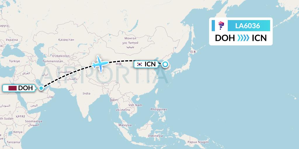 LA6036 LAN Airlines Flight Map: Doha to Seoul