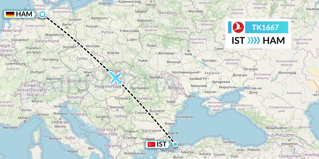 TK1667 Turkish Airlines Flight Map: Istanbul to Hamburg