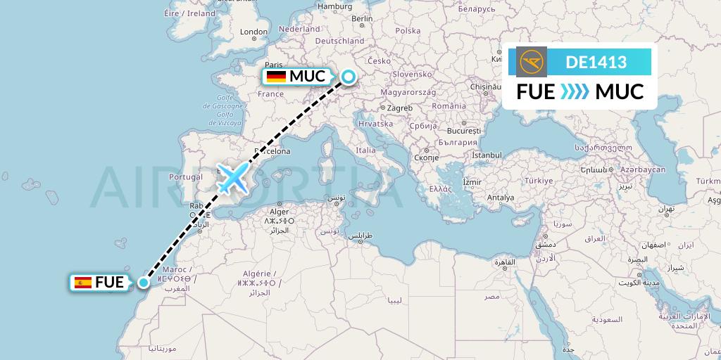 DE1413 Condor Flight Map: Fuerteventura to Munich