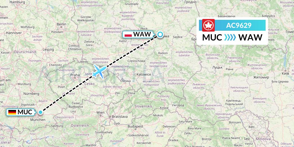 AC9629 Air Canada Flight Map: Munich to Warsaw