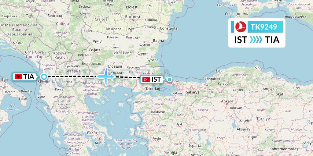 TK9249 Turkish Airlines Flight Map: Istanbul to Tirana