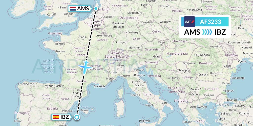 AF3233 Air France Flight Map: Amsterdam to Ibiza