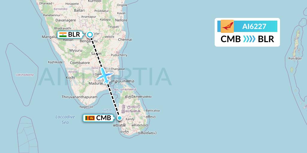 AI6227 Air India Flight Map: Colombo to Bangalore