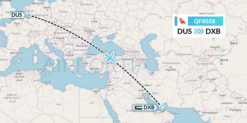 QF8058 Qantas Flight Map: Dusseldorf to Dubai