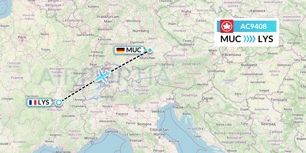 AC9408 Air Canada Flight Map: Munich to Lyon