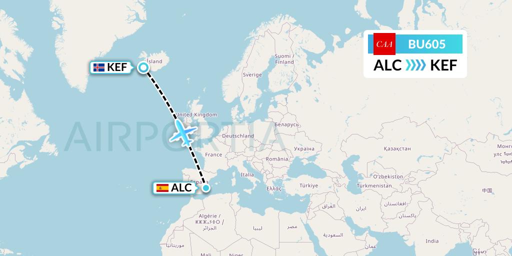 BU605 flyCAA Flight Map: Alicante to Reykjavik