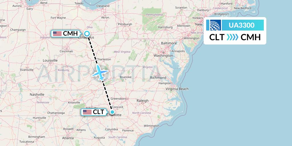 UA3300 United Airlines Flight Map: Charlotte to Columbus