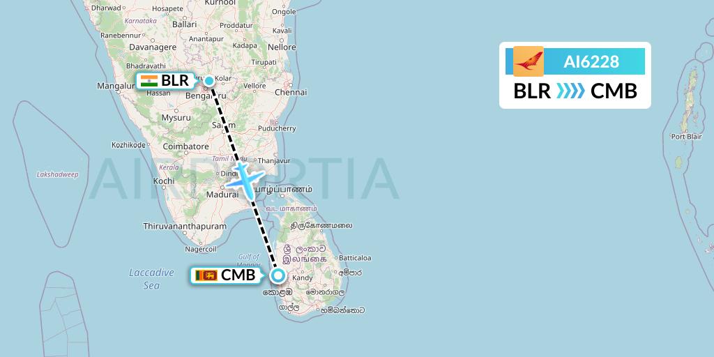 AI6228 Air India Flight Map: Bangalore to Colombo