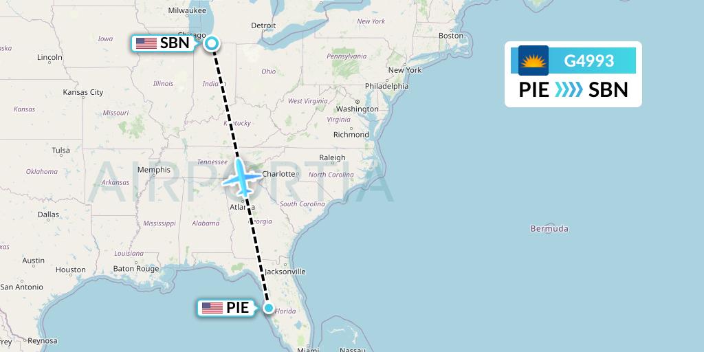 G4993 Allegiant Air Flight Map: St. Petersburg to South Bend