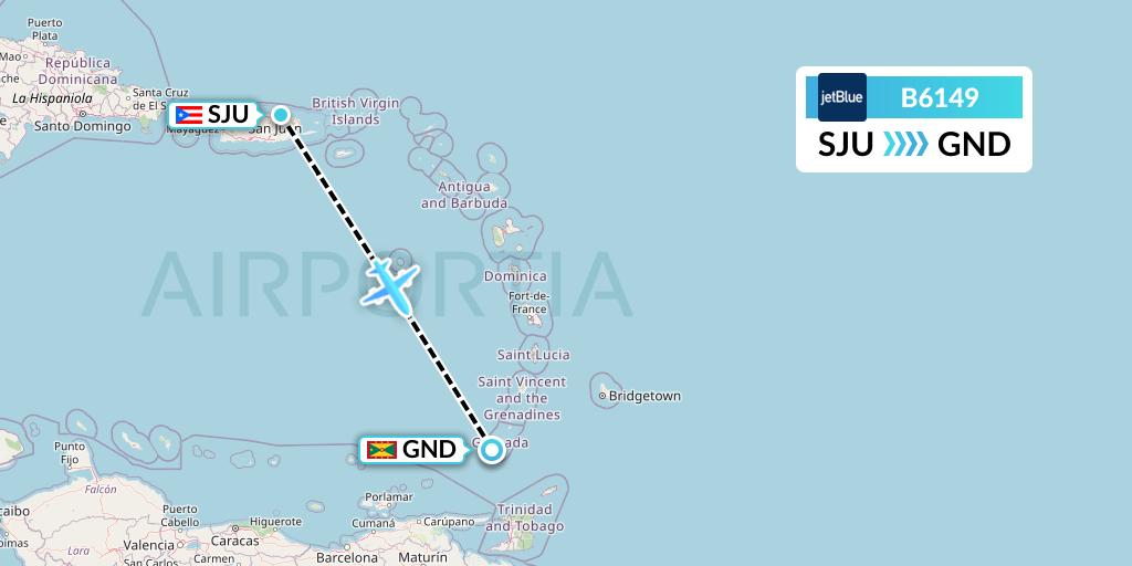 B6149 JetBlue Airways Flight Map: San Juan to Point Salines