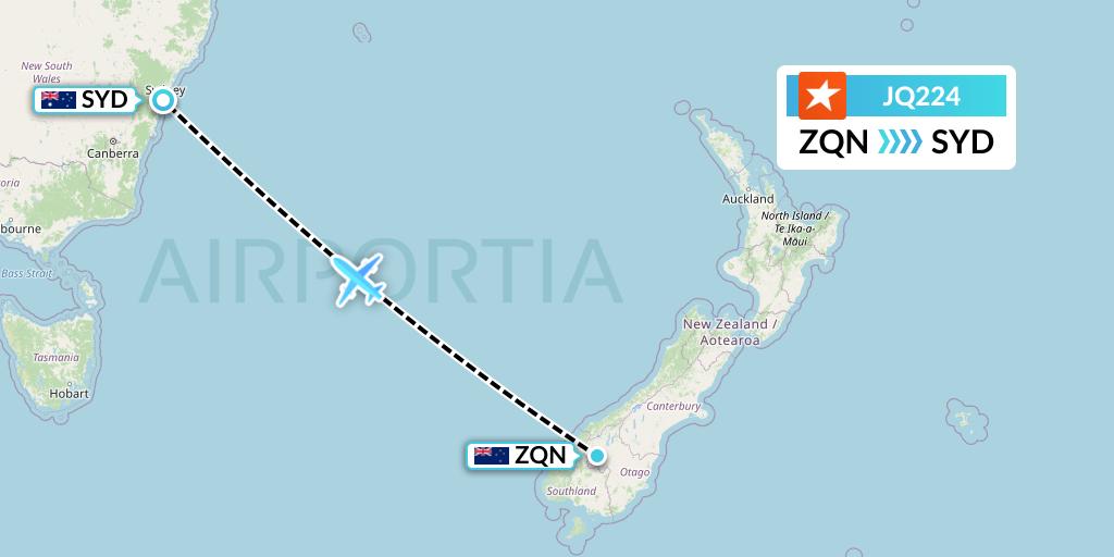 JQ224 Jetstar Airways Flight Map: Queenstown to Sydney